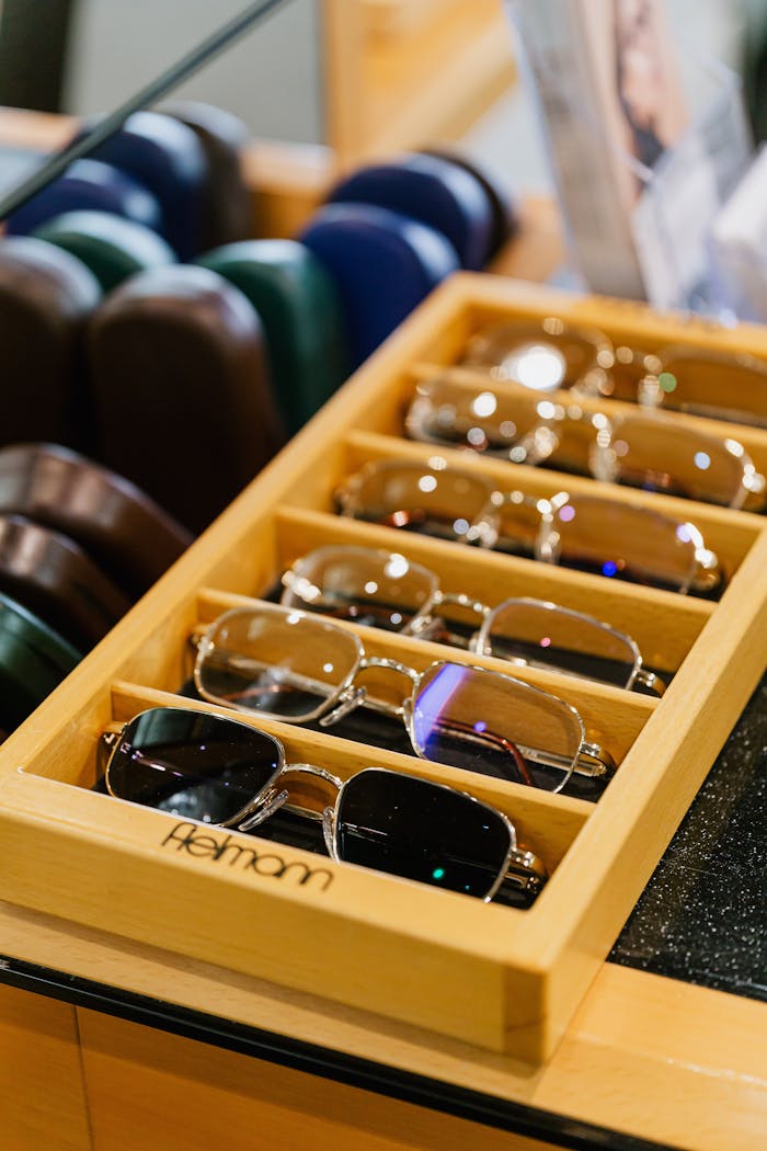 services-01 A collection of eyeglasses neatly arranged in a wooden tray at an eyewear store.